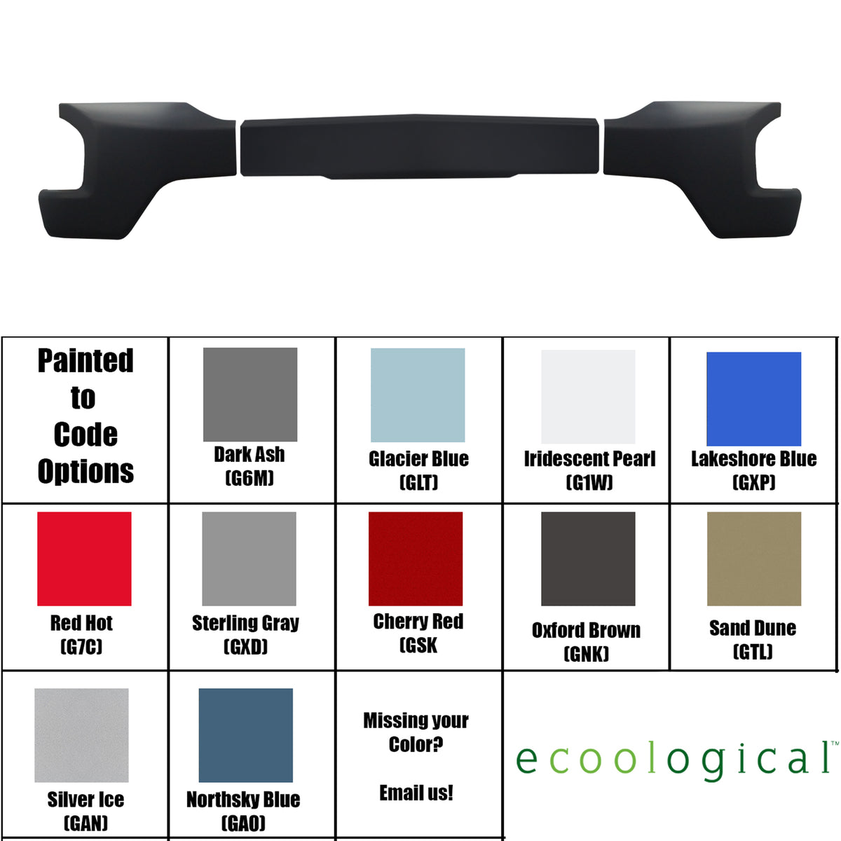 Paint-to-code color options grid for 2019-2021 Chevy Silverado 1500 Front BumperShellz, featuring OEM colors like Dark Ash, Glacier Blue, Iridescent Pearl, Lakeshore Blue, Red Hot, and more