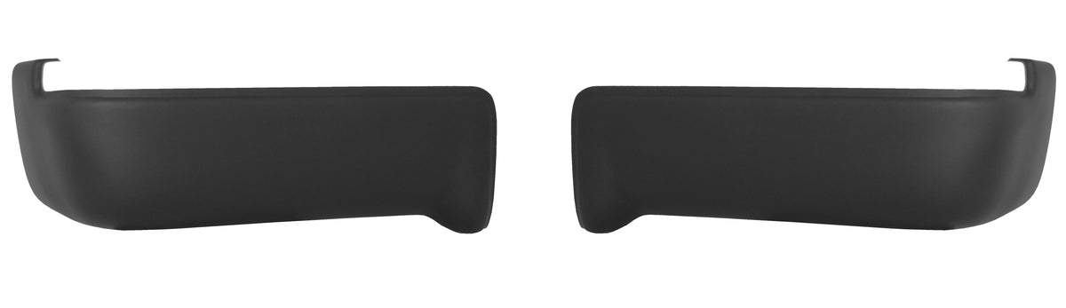 Matte black rear BumperShellz chrome delete caps for 2009-2014 Ford F150, with parking sensor cutouts