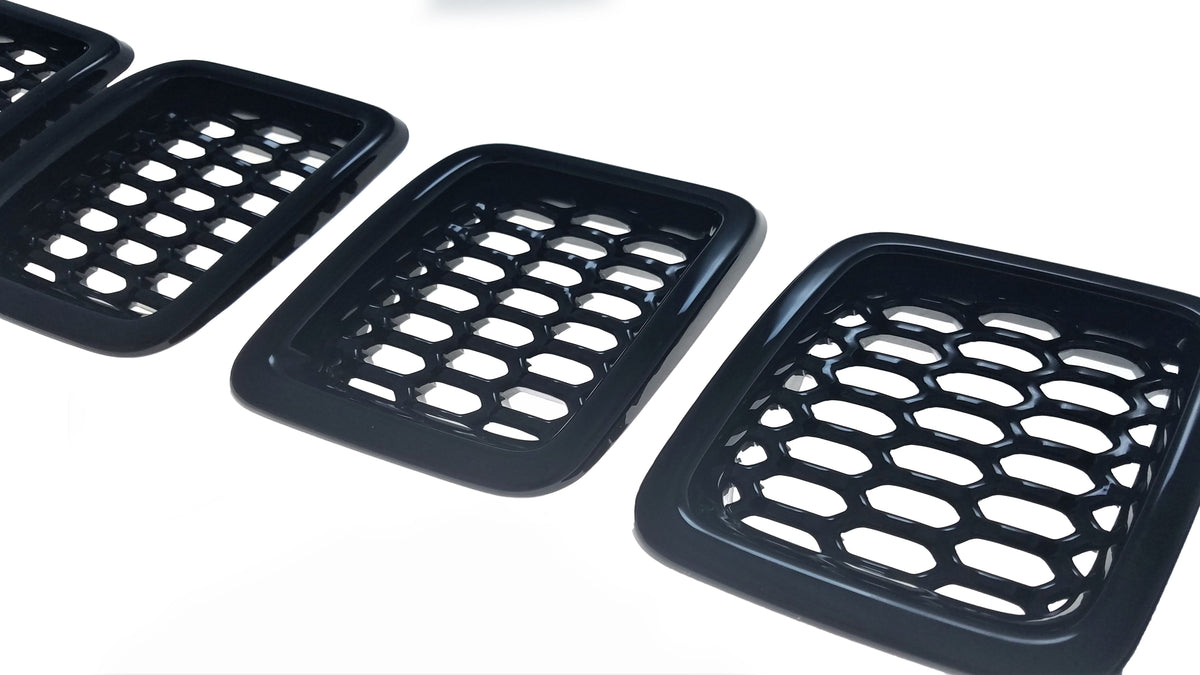 ABS6478BLK 17-21 Jeep Compass LATE MODEL 17 7 PCS Gloss Black Tape-on Grille Overlay Chrome Delete Kit