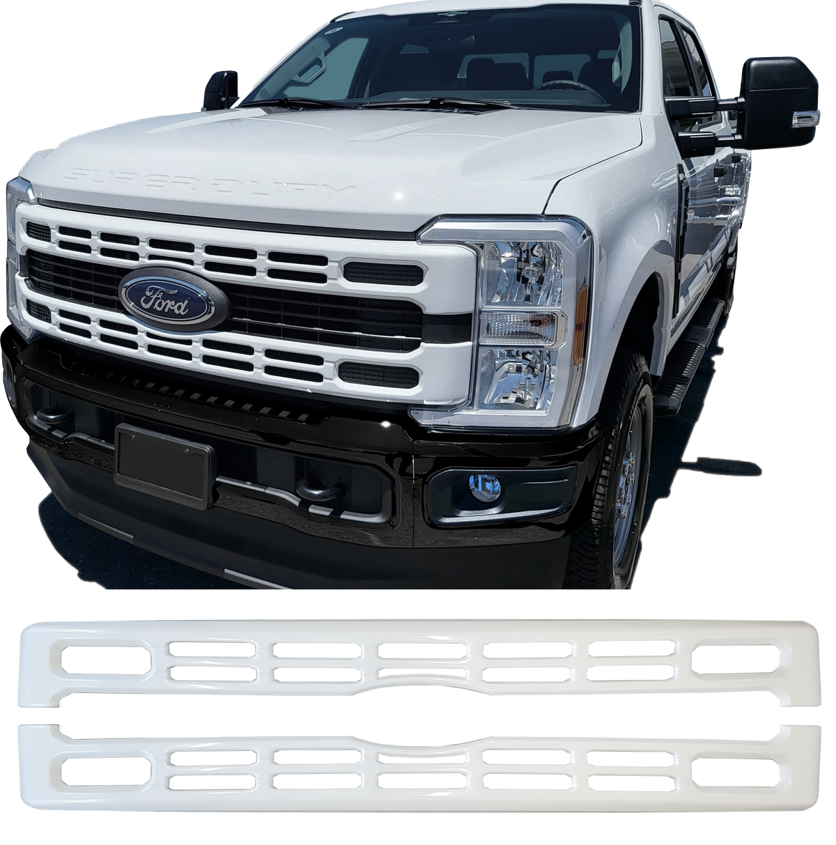 Gloss white 2023 Ford F250 F350 Grill Cover BumperShellz installed on a truck and shown separately underneath