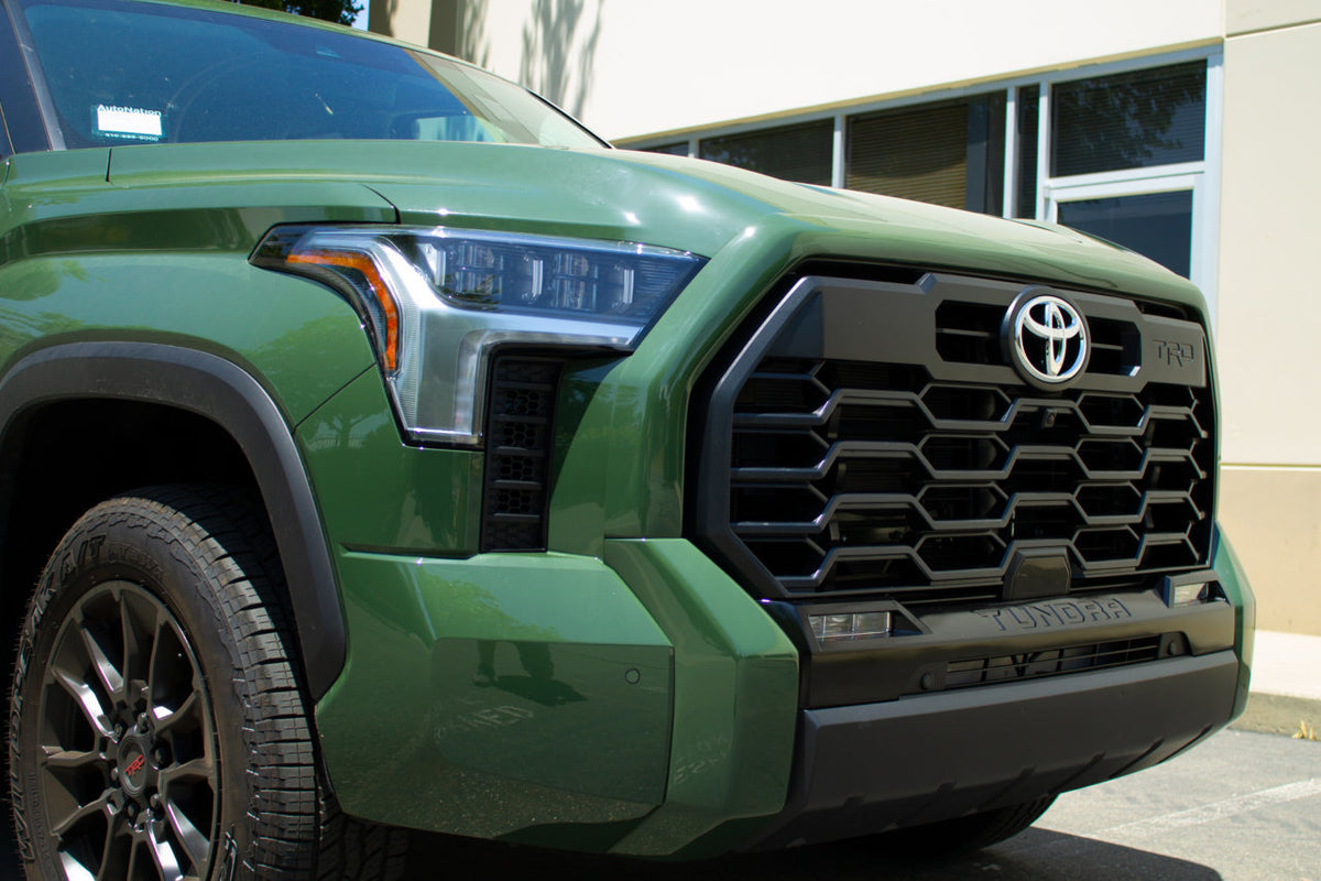Army Green Toyota Tundra 2022-2024 with Shellz for the grille painted and installed, chrome delete kit