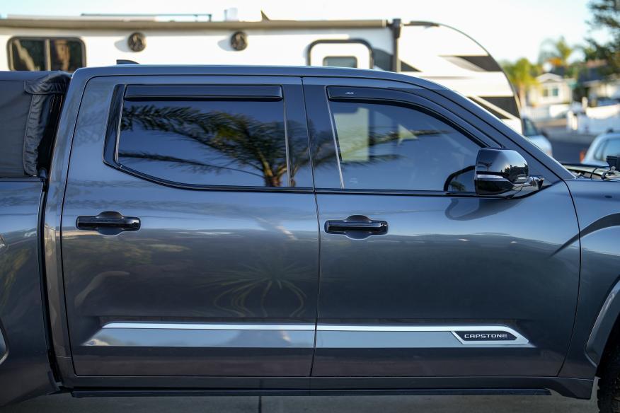 Side view of Ecoological Tundra window trim kit fully installed on truck
