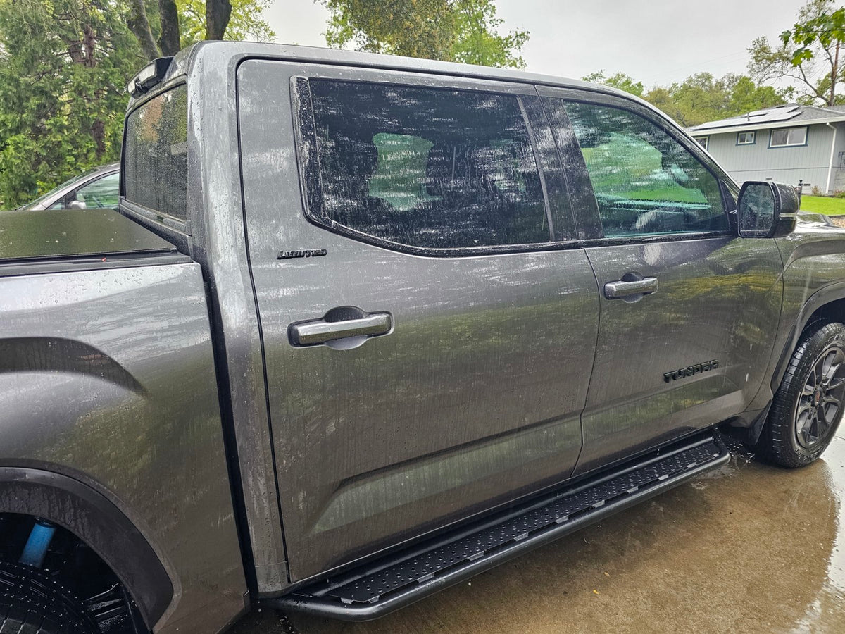 Gloss Black window trim chrome delete kit fully installed on a 2022-2024 Tundra