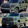 Before and After comparison of Hood Bulge and Grille Surround Kit in Army Green on a 2014-2021 Toyota Tundra, full black out kit