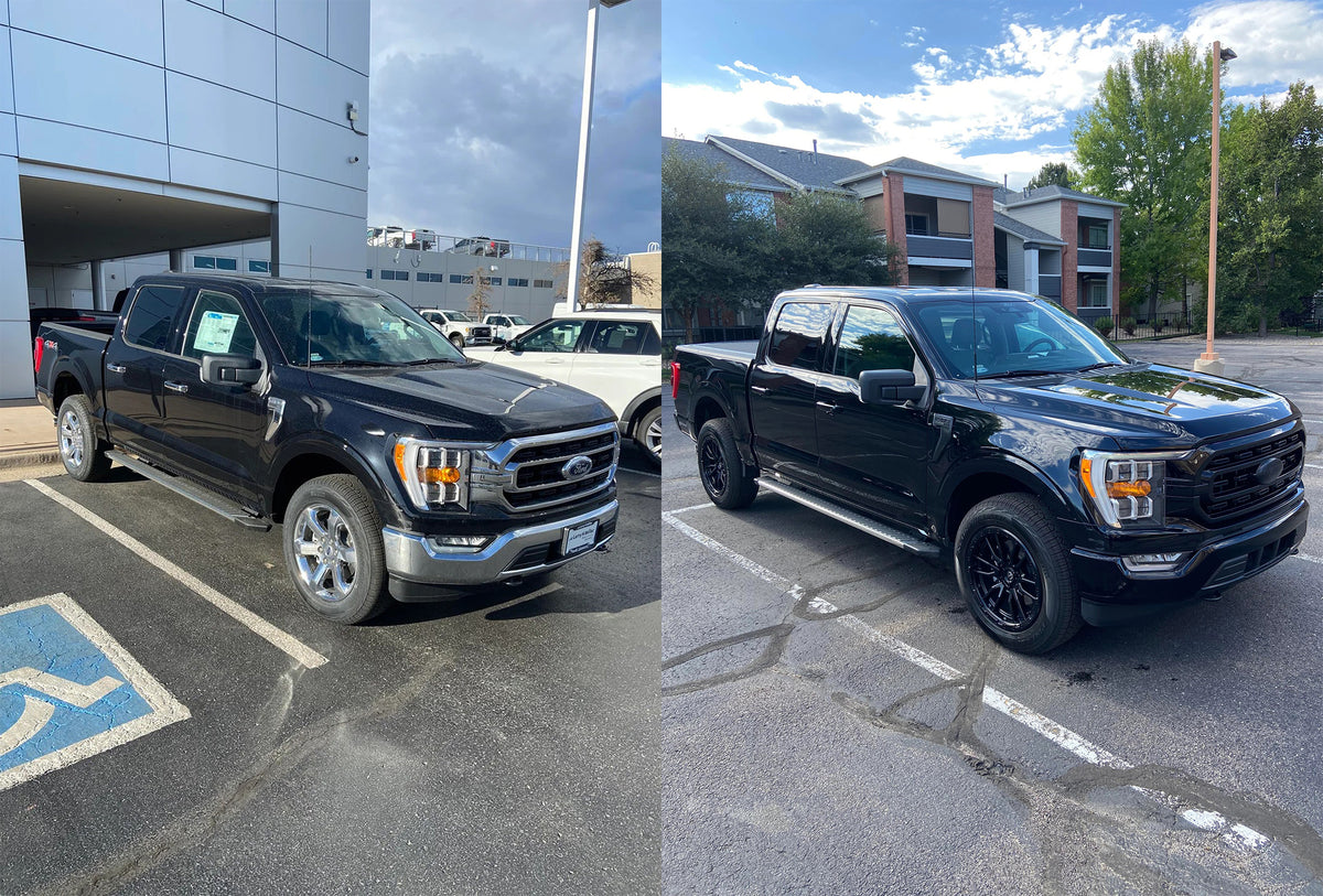 2021-2023 Front Bumper Covers in Gloss Black installed on a 2022 Ford F150 XLT, Chrome Delete