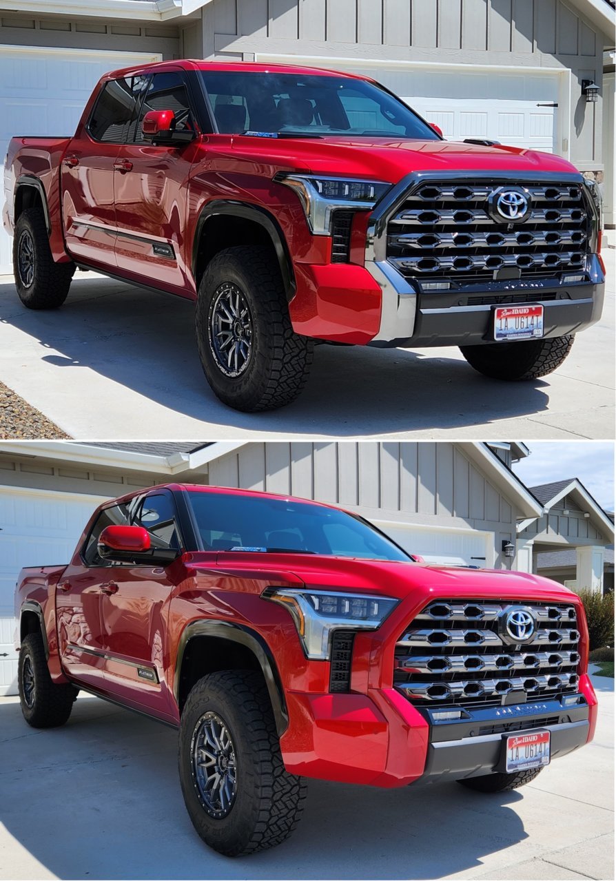 Before and After comparison with a supersonic red 2022-2024 Toyota Tundra, showing off the chrome delete project