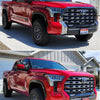 Before and After comparison with a supersonic red 2022-2024 Toyota Tundra, showing off the chrome delete project