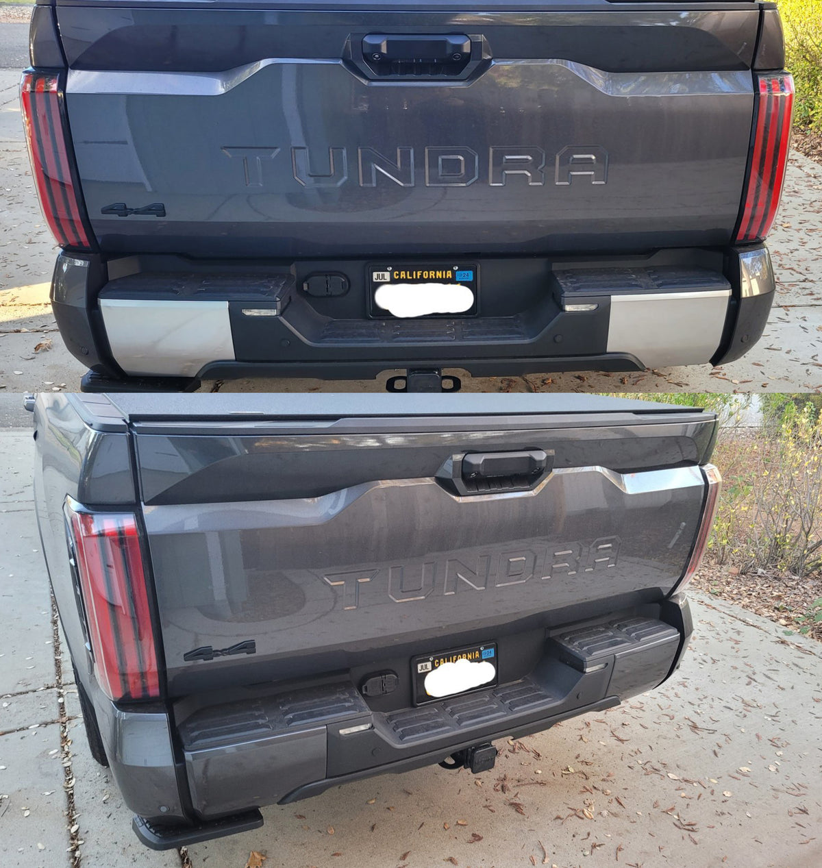 Before and after images of a 2022 Toyota Tundra rear bumper, showing the original bumper above and BumperShellz matte black overlay installed below.