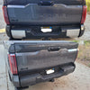 Before and after images of a 2022 Toyota Tundra rear bumper, showing the original bumper above and BumperShellz matte black overlay installed below.