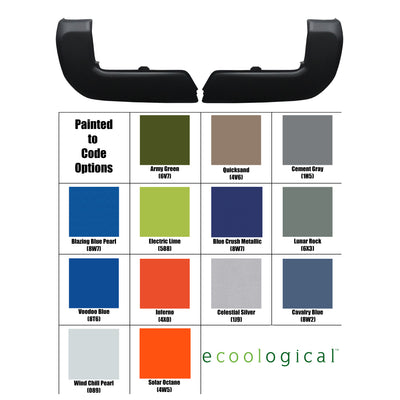 A pair of rear bumper caps for a Toyota Tundra, displayed above a color chart with "Painted to Code" options. The available colors include Army Green, Quicksand, Cement Gray, Blazing Blue Pearl, Electric Lime, Blue Crush Metallic, Lunar Rock, Voodoo Blue, Inferno, Celestial Silver, Cavalry Blue, Wind Chill Pearl, and Solar Octane