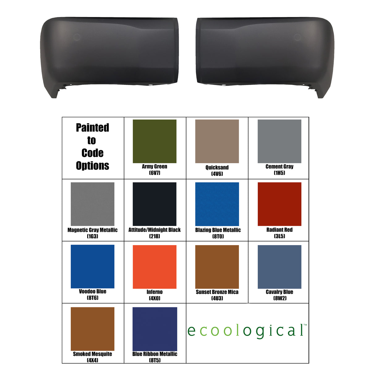 A set of rear bumper caps for a Toyota Tundra, shown with a chart displaying various "Painted to Code" color options. The color options include Army Green, Quicksand, Cement Gray, Magnetic Gray Metallic, Attitude/Midnight Black, Blazing Blue Metallic, Radiant Red, Voodoo Blue, Inferno, Sunset Bronze Mica, Cavalry Blue, Smoked Mesquite, and Blue Ribbon Metallic.