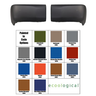 A set of rear bumper caps for a Toyota Tundra, shown with a chart displaying various "Painted to Code" color options. The color options include Army Green, Quicksand, Cement Gray, Magnetic Gray Metallic, Attitude/Midnight Black, Blazing Blue Metallic, Radiant Red, Voodoo Blue, Inferno, Sunset Bronze Mica, Cavalry Blue, Smoked Mesquite, and Blue Ribbon Metallic.