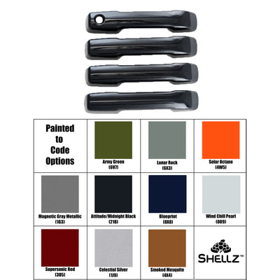 A pair of front bumper caps for a Toyota Tundra, shown above a color chart with "Painted to Code" options. The color options include Army Green, Quicksand, Cement Gray, Magnetic Gray Metallic, Attitude/Midnight Black, Blazing Blue Metallic, Radiant Red, Voodoo Blue, Inferno, Sunset Bronze Mica, Cavalry Blue, Smoked Mesquite, and Blue Ribbon Metallic.