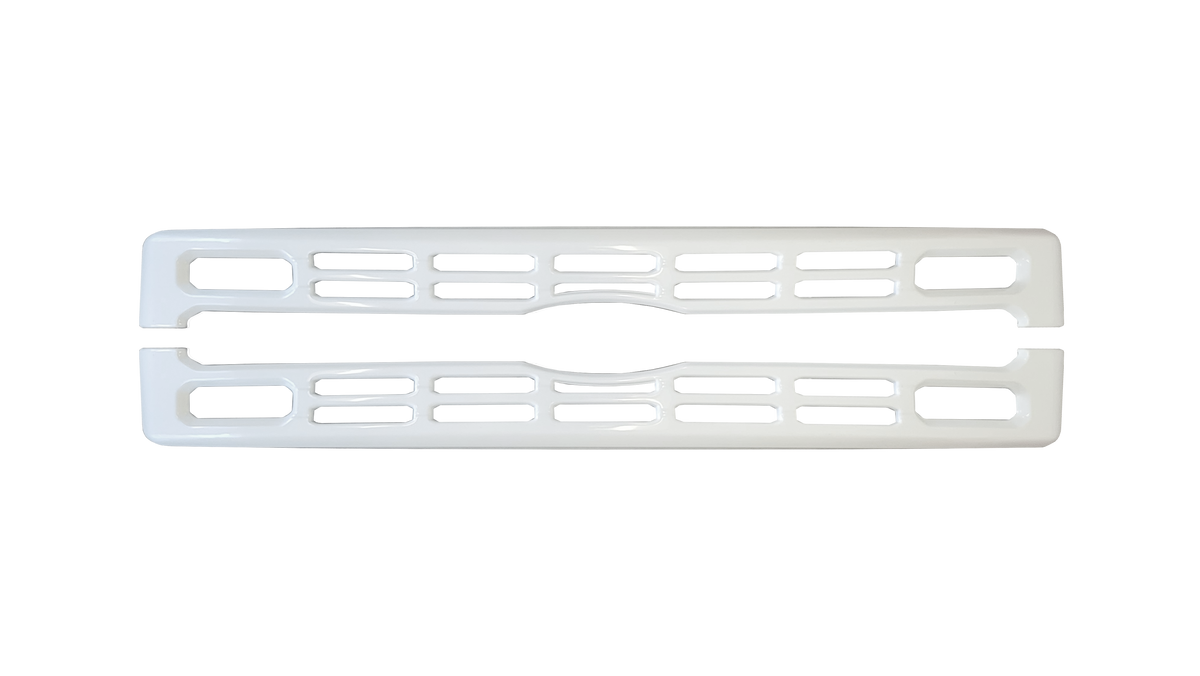 Chrome delete 2023 Ford F250/F350 Grille Cover BumperShellz in gloss white, displayed frontally