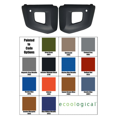 A pair of front bumper caps for a Toyota Tundra, shown above a color chart with "Painted to Code" options. The color options include Army Green, Quicksand, Cement Gray, Magnetic Gray Metallic, Attitude/Midnight Black, Blazing Blue Metallic, Radiant Red, Voodoo Blue, Inferno, Sunset Bronze Mica, Cavalry Blue, Smoked Mesquite, and Blue Ribbon Metallic.