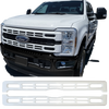 Gloss white 2023 Ford F250 F350 Grill Cover BumperShellz installed on a truck and shown separately, both against a transparent background.
