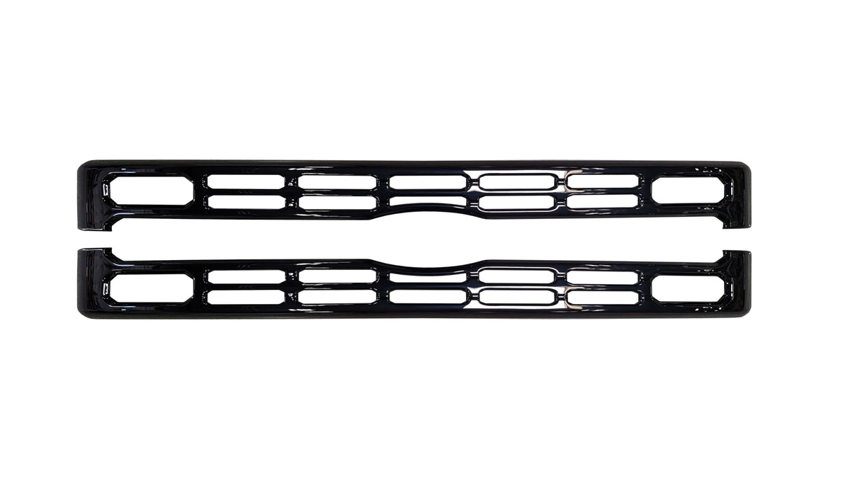 2023 Ford F250 F350 Grille Cover BumperShellz in gloss black, displayed frontally 