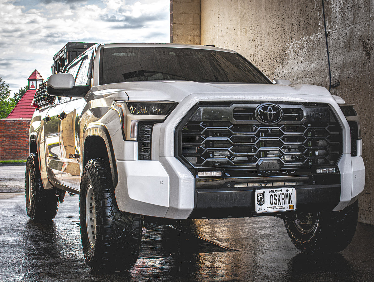 Ice Cap 2022-2024 Tundra with front grille shellz installed, chrome delete kit