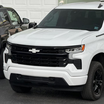 2022-2024 Chevy Silevardo 1500 sporting gloss white bumper covers made by Ecoological, BumperShellz chrome delete kit