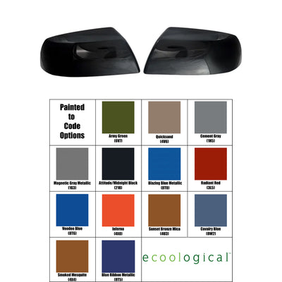 a pair of mirror covers for a Toyota Tundra, shown above a color chart with "Painted to Code" options. The color options include Army Green, Quicksand, Cement Gray, Magnetic Gray Metallic, Attitude/Midnight Black, Blazing Blue Metallic, Radiant Red, Voodoo Blue, Inferno, Sunset Bronze Mica, Cavalry Blue, Smoked Mesquite, and Blue Ribbon Metallic.