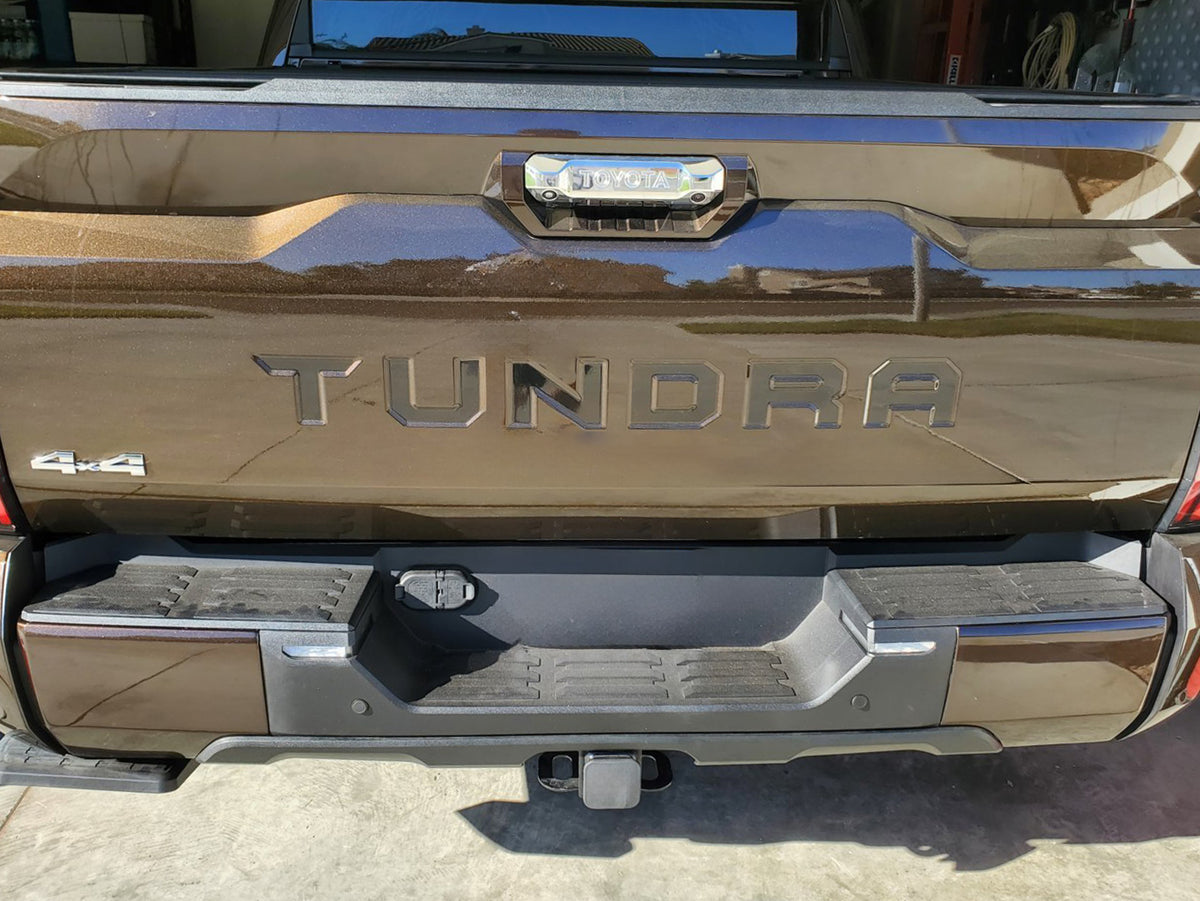 2022 -2024 Toyota Tundra rear bumper with BumperShellz installed in smoked mesquite, showcasing the finished look.