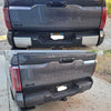 Customer-submitted before and after images of a 2022 Toyota Tundra rear bumper, showing the original bumper on top and the BumperShellz in matte black installed on the bottom
