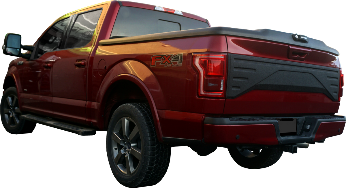Rear view of a 2015-2020 F150 showing the Armor Coated Tailgate Applique, emphasizing the added durability and utility