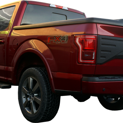 Rear view of a 2015-2020 F150 showing the Armor Coated Tailgate Applique, emphasizing the added durability and utility