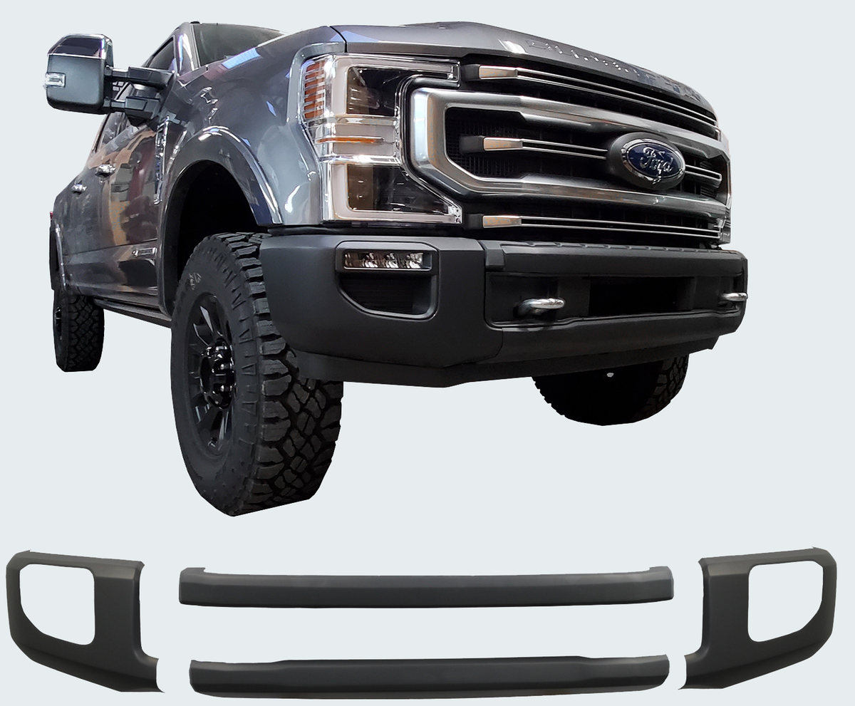 2020-2022 Ford F250/F350 Front BumperShellz in Matte Black installed on a truck with the product underneath, Chrome Delete Kit