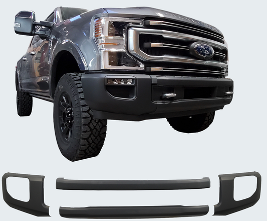 2020-2022 Ford F250/F350 Front BumperShellz in Matte Black installed on a truck with the product underneath, Chrome Delete Kit