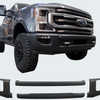 2020-2022 Ford F250/F350 Front BumperShellz in Matte Black installed on a truck with the product underneath, Chrome Delete Kit