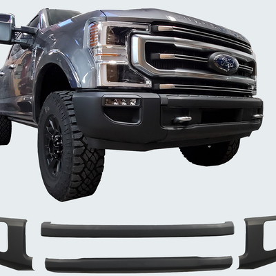 2020-2022 Ford F250/F350 Front BumperShellz in Matte Black installed on a truck with the product underneath, Chrome Delete Kit