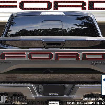 "FORD" Raptor Tailgate Lettering Overlays Fits 2015-2018 Ford F-150 2015-2018 Domed Carbon Fiber/Red Outline