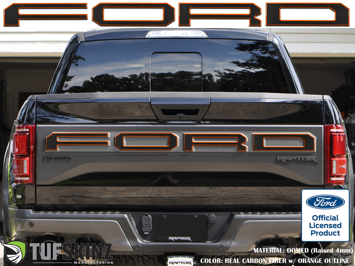 "FORD" Raptor Tailgate Lettering Overlays Fits 2015-2018 Ford F-150 2015-2018 Domed Carbon Fiber/Orange Outline