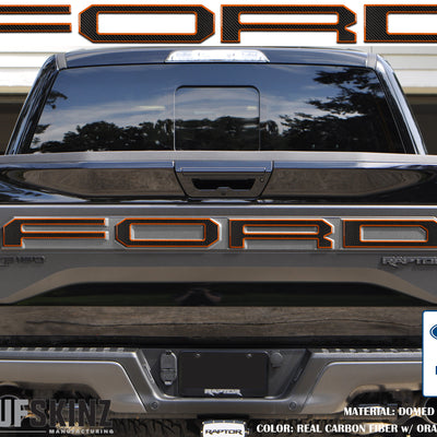 "FORD" Raptor Tailgate Lettering Overlays Fits 2015-2018 Ford F-150 2015-2018 Domed Carbon Fiber/Orange Outline