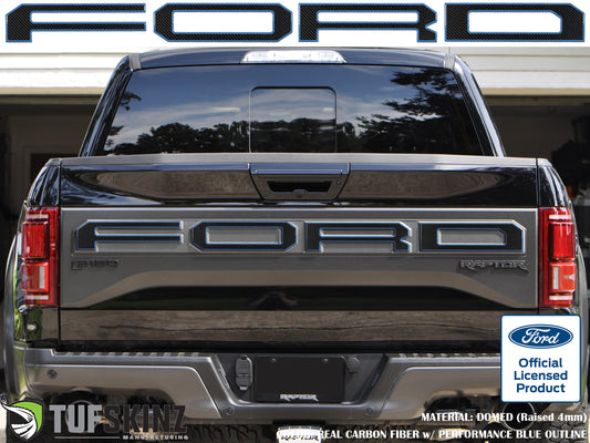 "FORD" Raptor Tailgate Lettering Overlays Fits 2015-2018 Ford F-150 2015-2018 Domed Carbon Fiber w/Performance Ford Outline