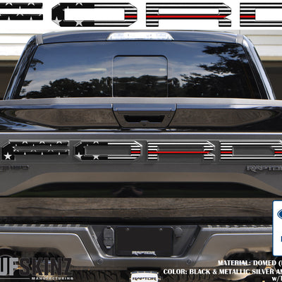 "FORD" Raptor Tailgate Lettering Overlays Fits 2015-2018 Ford F-150 2015-2018 Black & Metallic Silver American Flag w/Thin Red Line