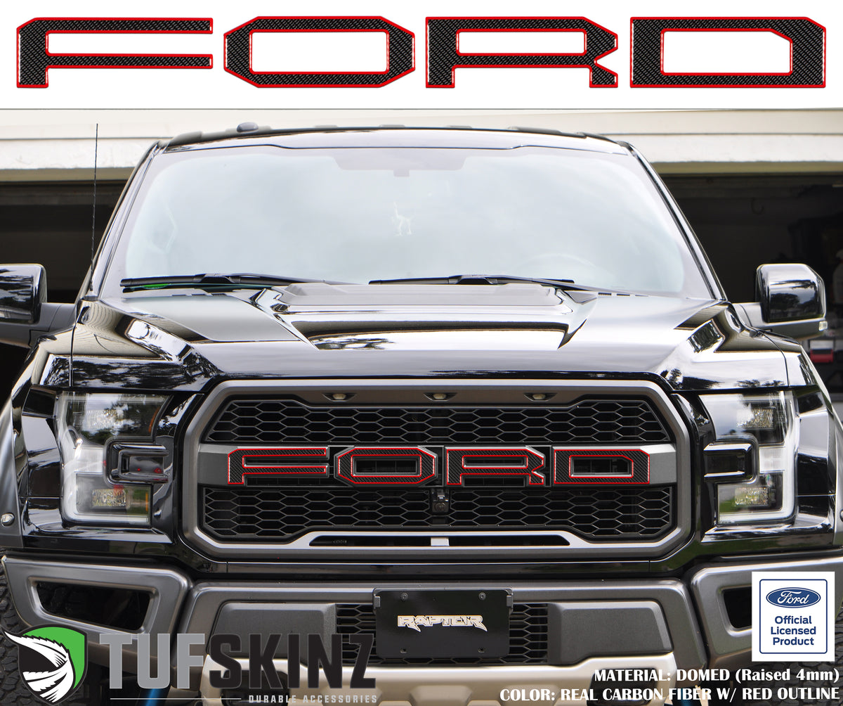 "FORD" Raptor Grill Lettering Overlays Fits 2015-2020 Ford F-150 Domed Carbon Fiber w/Red Outline