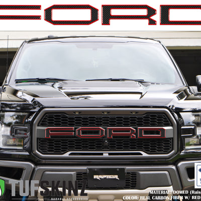 "FORD" Raptor Grill Lettering Overlays Fits 2015-2020 Ford F-150 Domed Carbon Fiber w/Red Outline