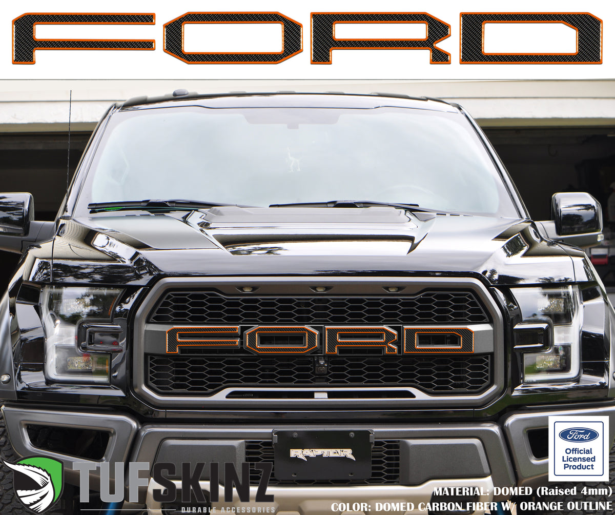 "FORD" Raptor Grill Lettering Overlays Fits 2015-2020 Ford F-150 Domed Carbon Fiber w/Orange Outline