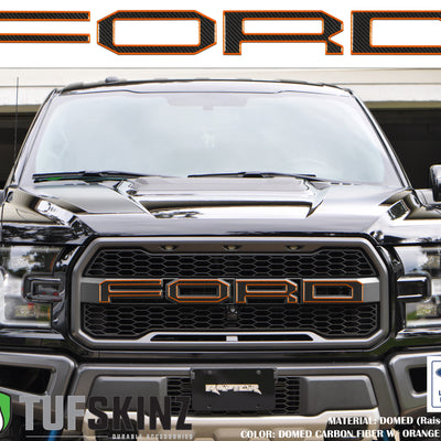 "FORD" Raptor Grill Lettering Overlays Fits 2015-2020 Ford F-150 Domed Carbon Fiber w/Orange Outline
