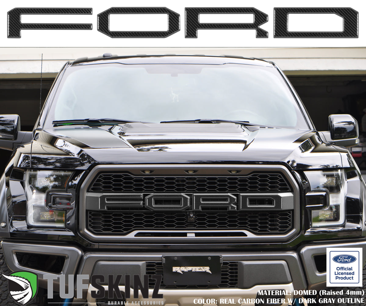 "FORD" Raptor Grill Lettering Overlays Fits 2015-2020 Ford F-150 Domed Carbon Fiber w/Dark Gray Outline