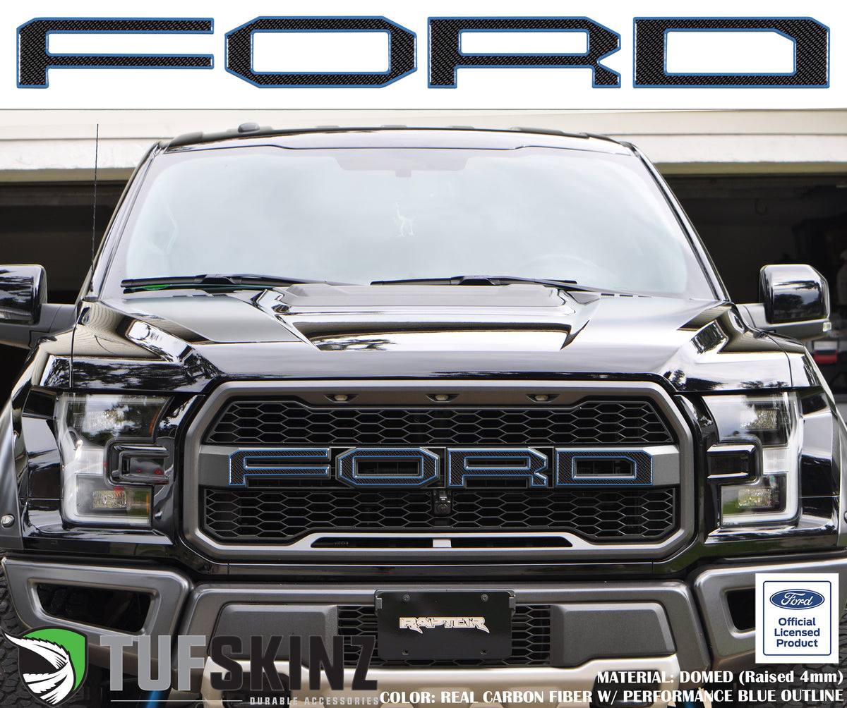 "FORD" Raptor Grill Lettering Overlays Fits 2015-2020 Ford F-150 Domed Carbon Fiber w/Performance Ford Outline