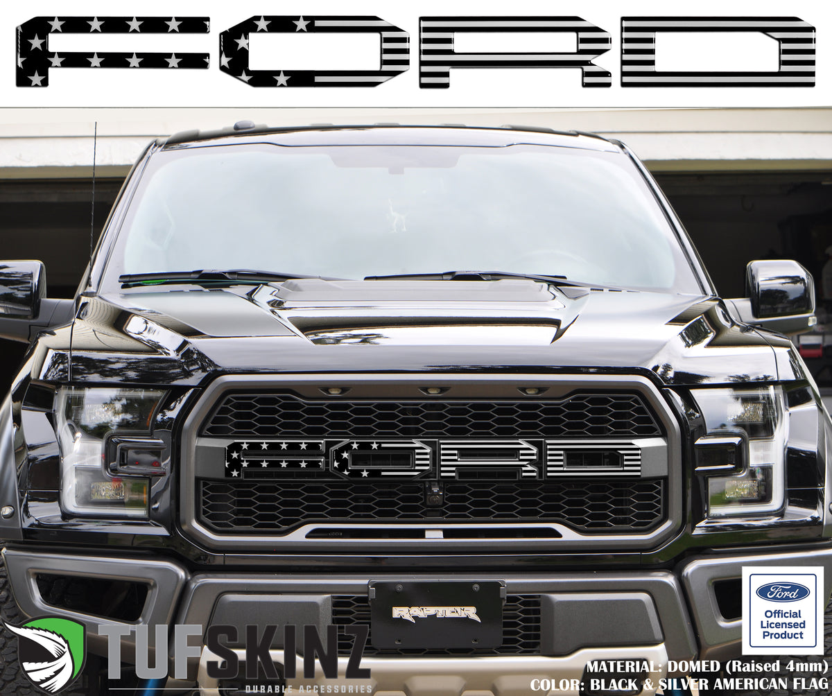 "FORD" Raptor Grill Lettering Overlays Fits 2015-2020 Ford F-150 Black & Silver American Flag