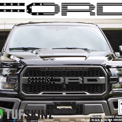 "FORD" Raptor Grill Lettering Overlays Fits 2015-2020 Ford F-150 Black & Silver American Flag