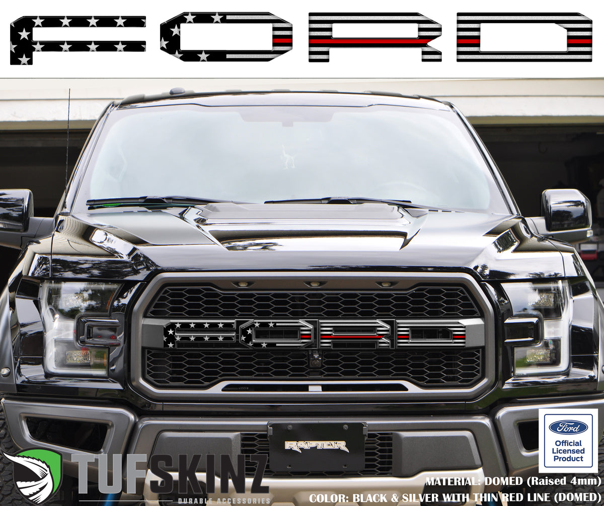 "FORD" Raptor Grill Lettering Overlays Fits 2015-2020 Ford F-150 Black & Silver American Flag w/Thin Red Line