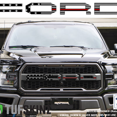 "FORD" Raptor Grill Lettering Overlays Fits 2015-2020 Ford F-150 Black & Silver American Flag w/Thin Red Line