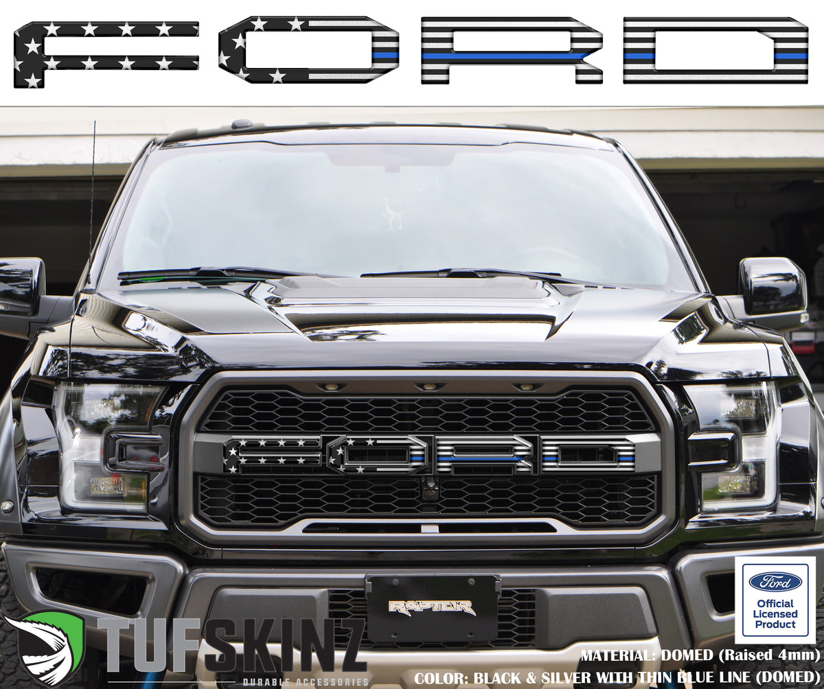 "FORD" Raptor Grill Lettering Overlays Fits 2015-2020 Ford F-150 Black & Silver American Flag w/Thin Blue Line