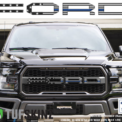 "FORD" Raptor Grill Lettering Overlays Fits 2015-2020 Ford F-150 Black & Silver American Flag w/Thin Blue Line