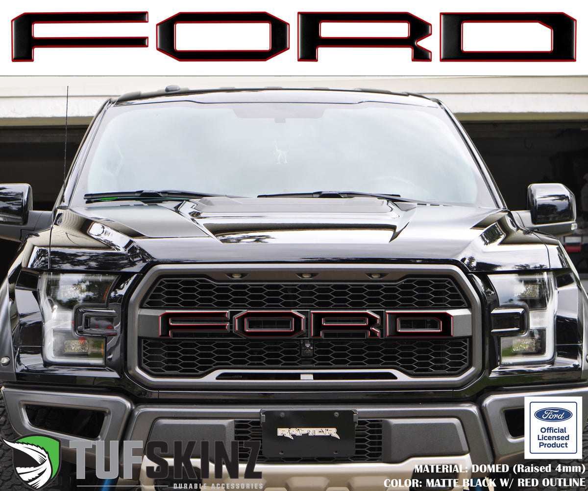 "FORD" Raptor Grill Lettering Overlays Fits 2015-2020 Ford F-150 Matte Black w/Red Outline